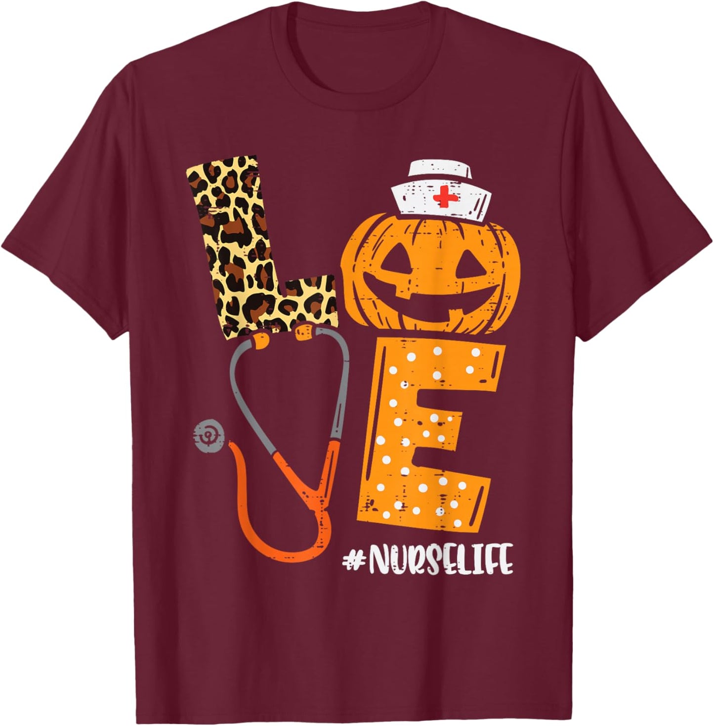 Love Nurse Pumpkin Leopard Fall Halloween Thanksgiving Women T-Shirt - T-Shirt | Maroon