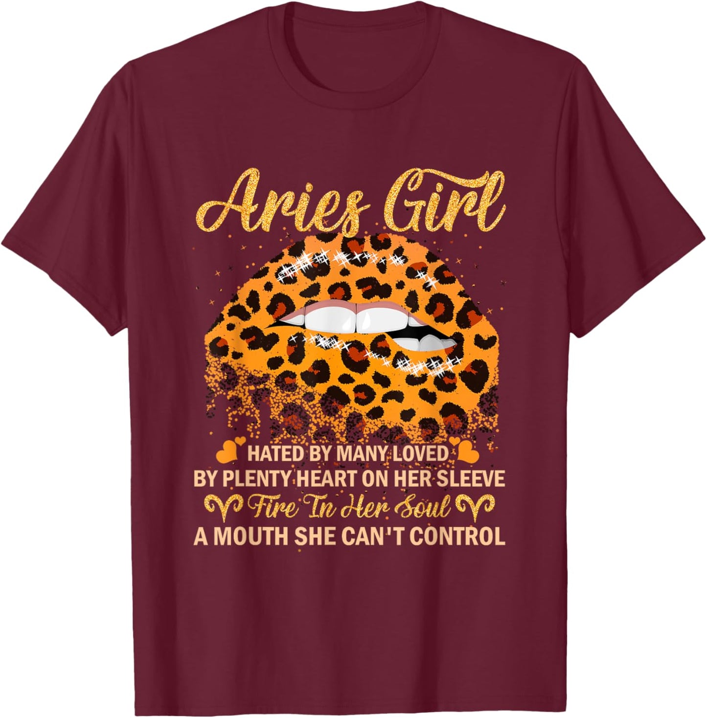 Aries Girl Birthday Leopard Sexy Lip Zodiac T-Shirt - T-Shirt | Maroon