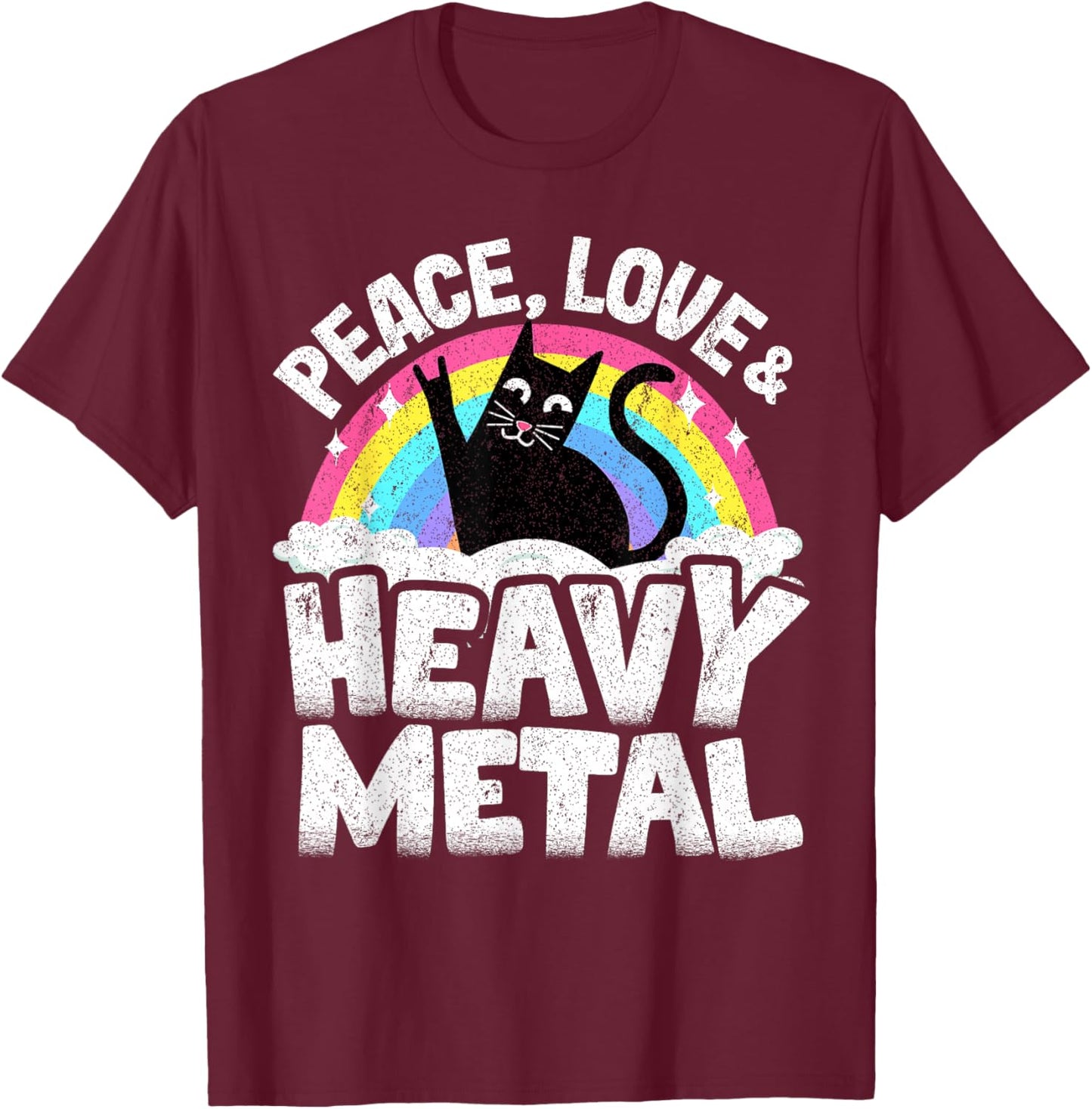 Peace Love & Heavy Metal Cat Kids Punk Band Metal Rainbow T-Shirt - T-Shirt | Maroon