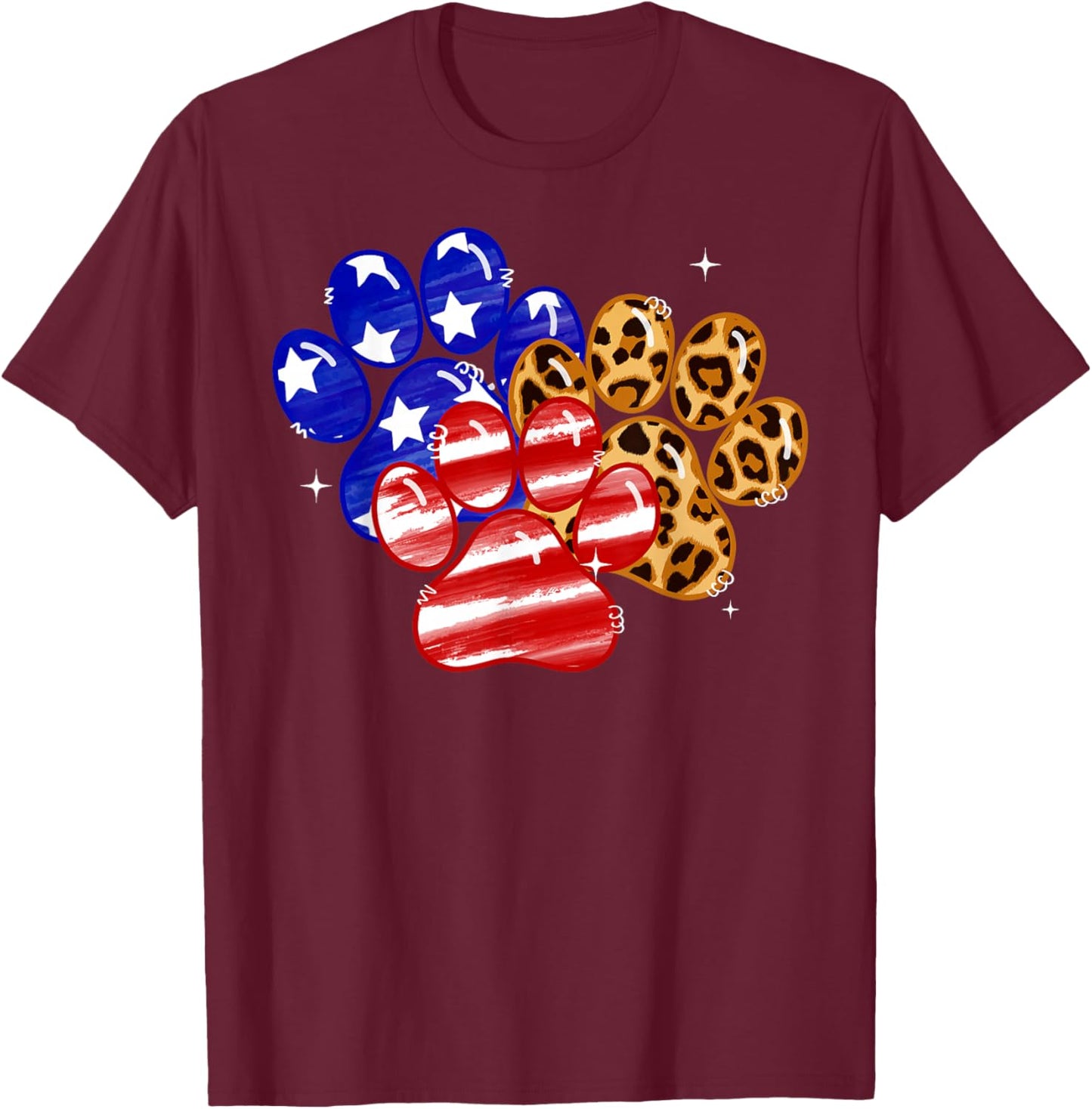 Leopard American Flag Hearts 4th Of July Dog Paw Print Cute T-Shirt - T-Shirt | Maroon