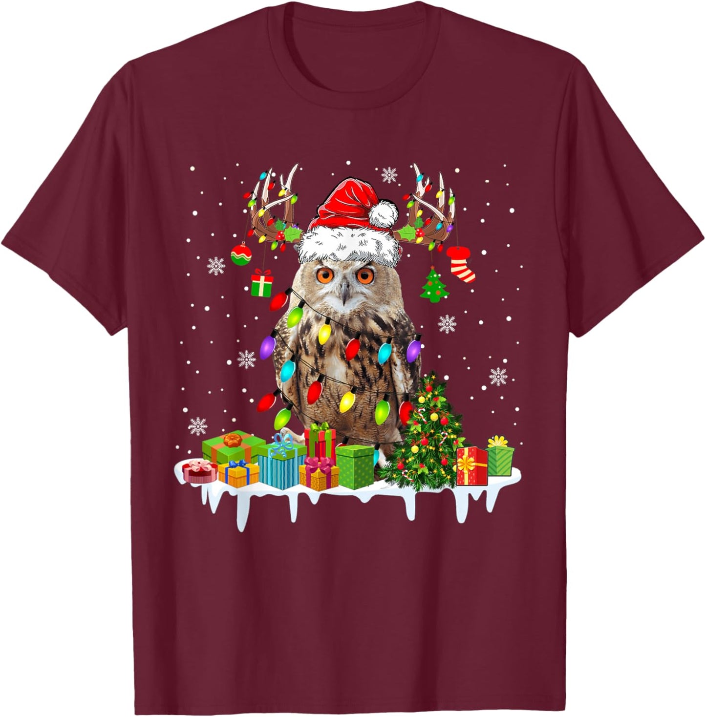 Christmas Owl Cute Christmas Lights Reindeer Santa Owl Lover T-Shirt - T-Shirt | Maroon