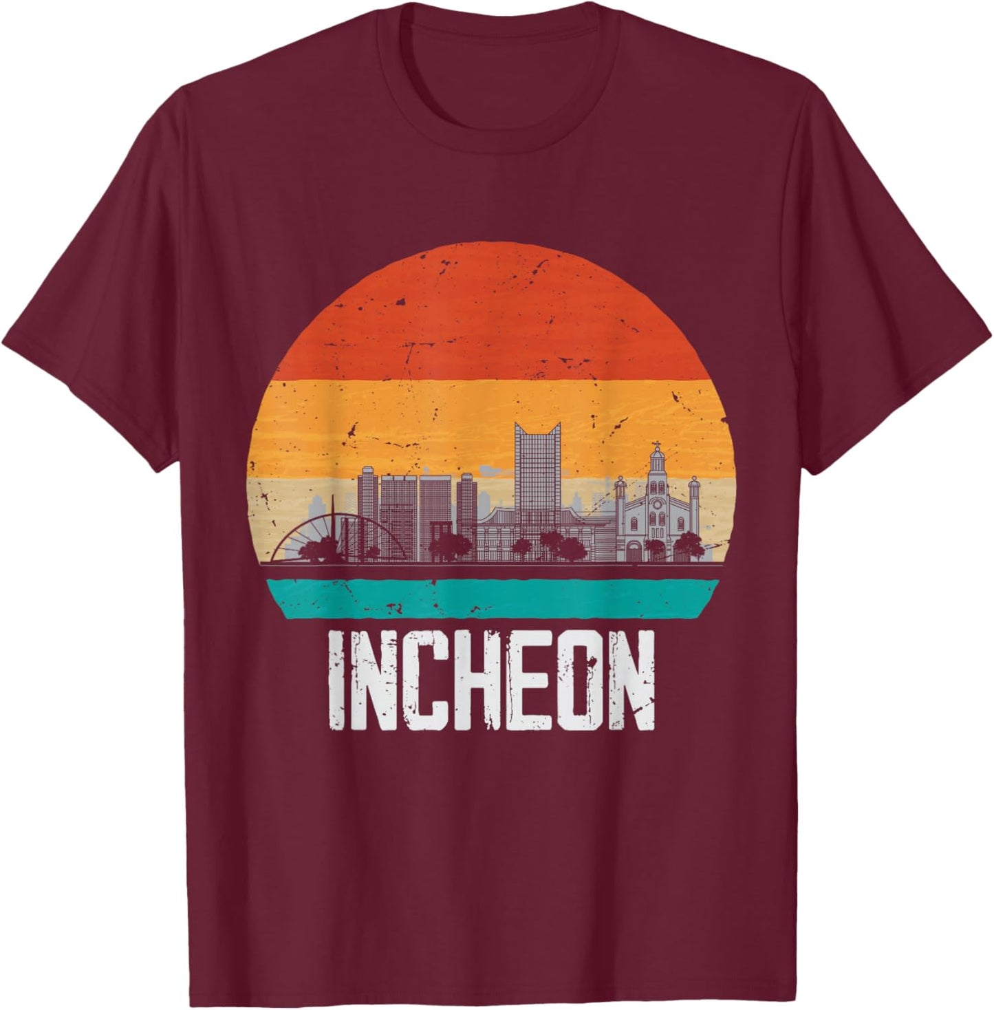 Incheon South Korea Retro Vintage Sunset Skyline Incheon T-Shirt - T-Shirt | Maroon