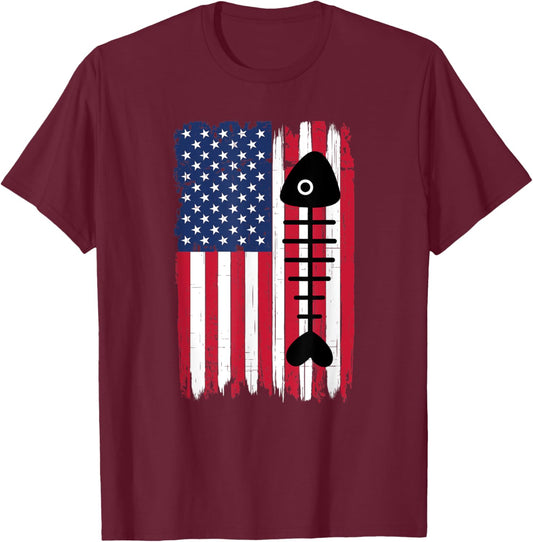 Dead Fish Bones Silhouette American Flag USA Patriotic Kids Men T-Shirt - T-Shirt | Maroon