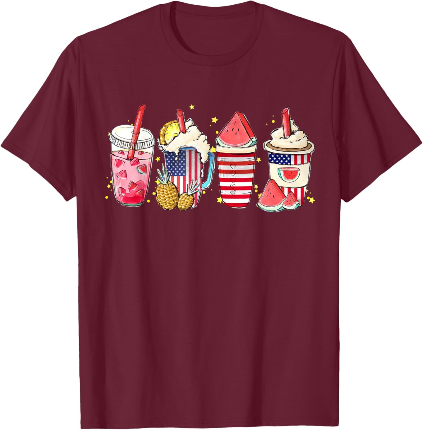 4th of July Coffee Lover Iced Latte Watermelon Slush T-Shirt - T-Shirt | Maroon