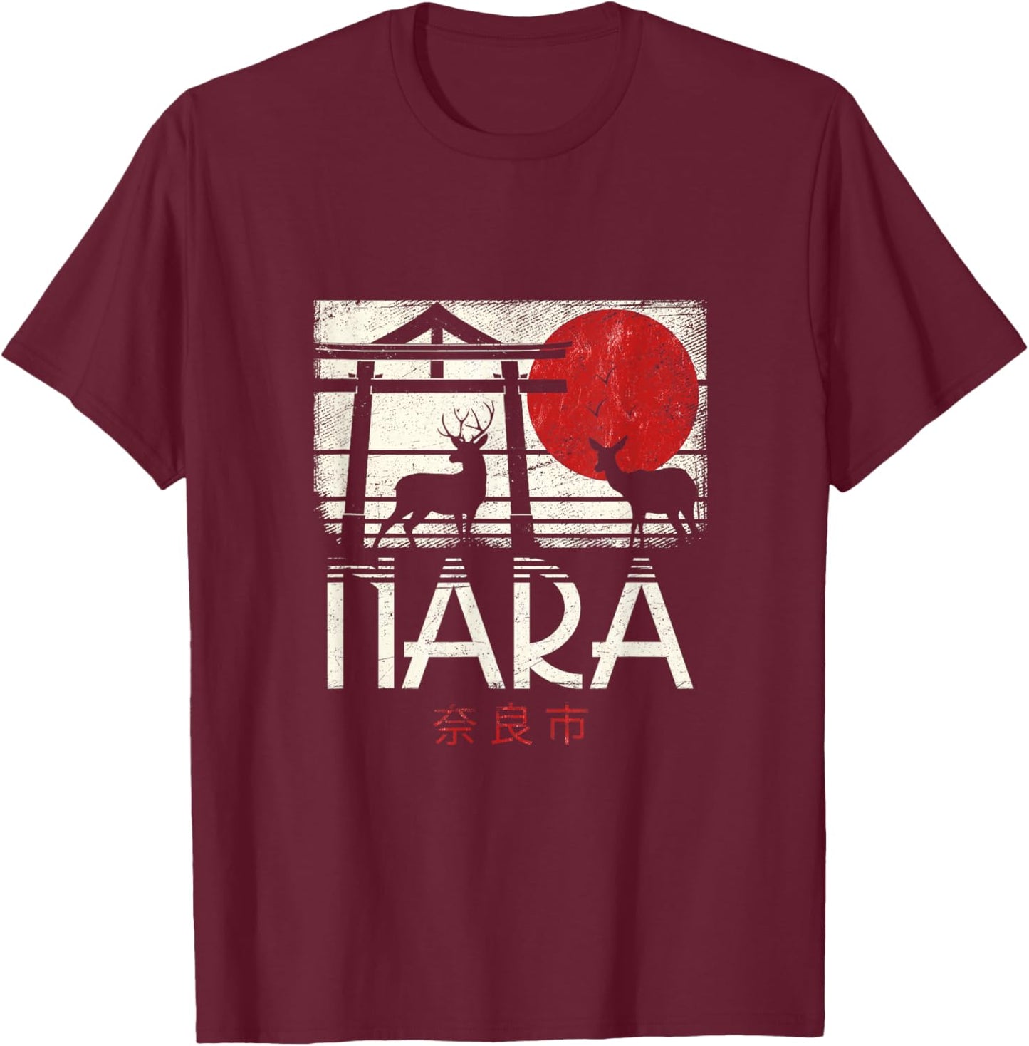 Japanese Sika Deer Nihon Nippon Torii Retro Nara Japan T-Shirt - T-Shirt | Maroon