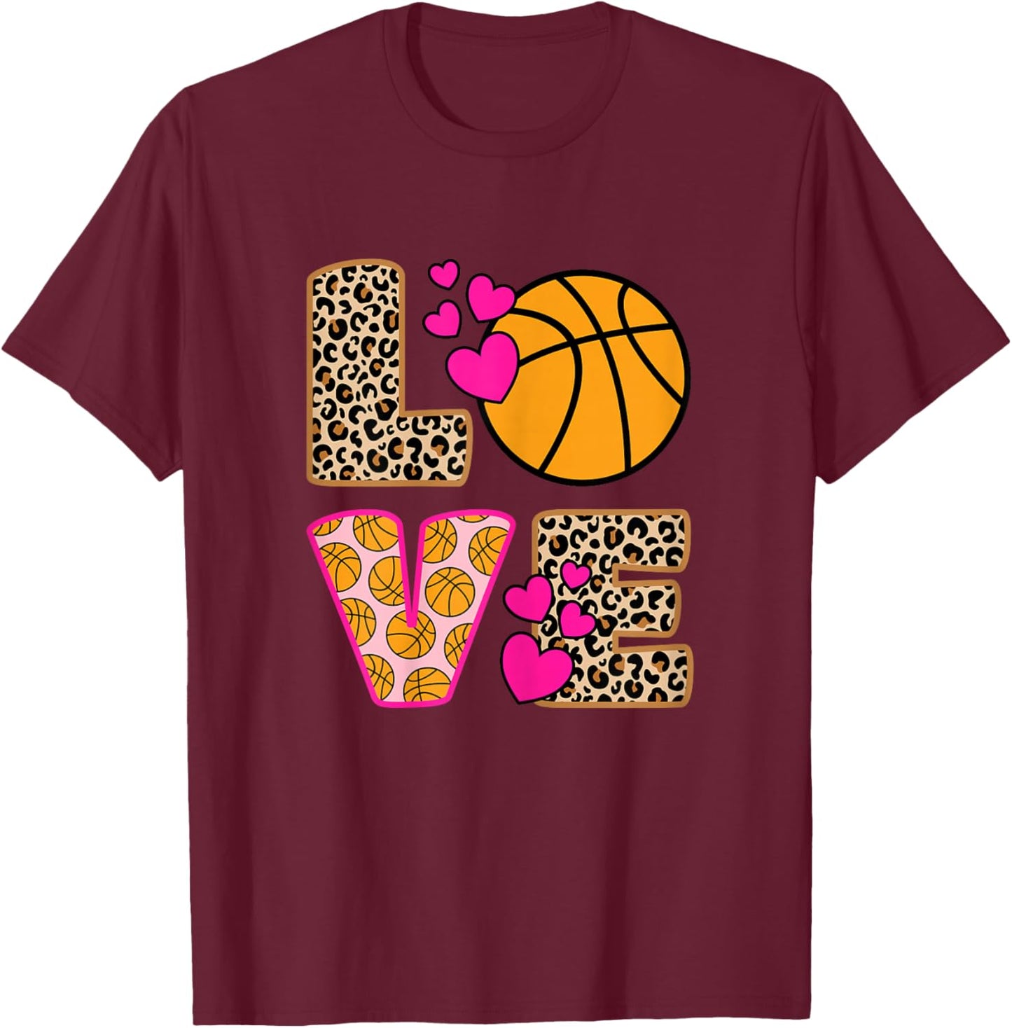 Cute Love Basketball Leopard Print Women Girls Basketball Small T-Shirt - T-Shirt | Maroon