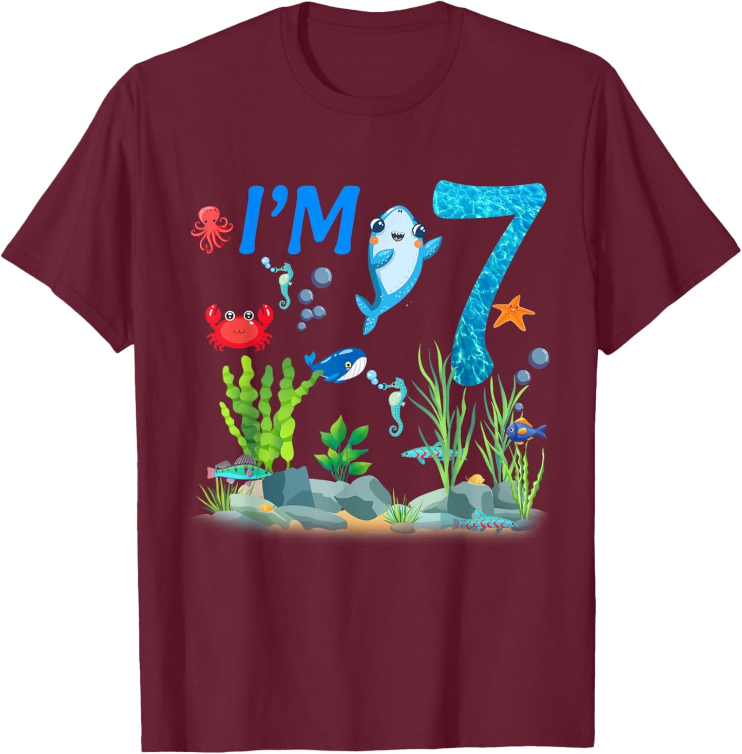 7 Year Old Ocean themed birthday Under the sea 7th birthday T-Shirt - T-Shirt | Maroon
