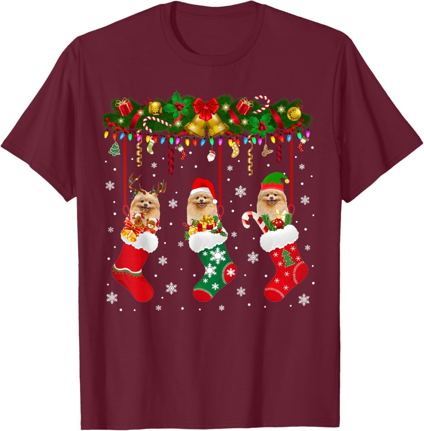 Pomeranian In Sock Xmas Reindeer Santa ELF Dog T-Shirt - T-Shirt | Maroon