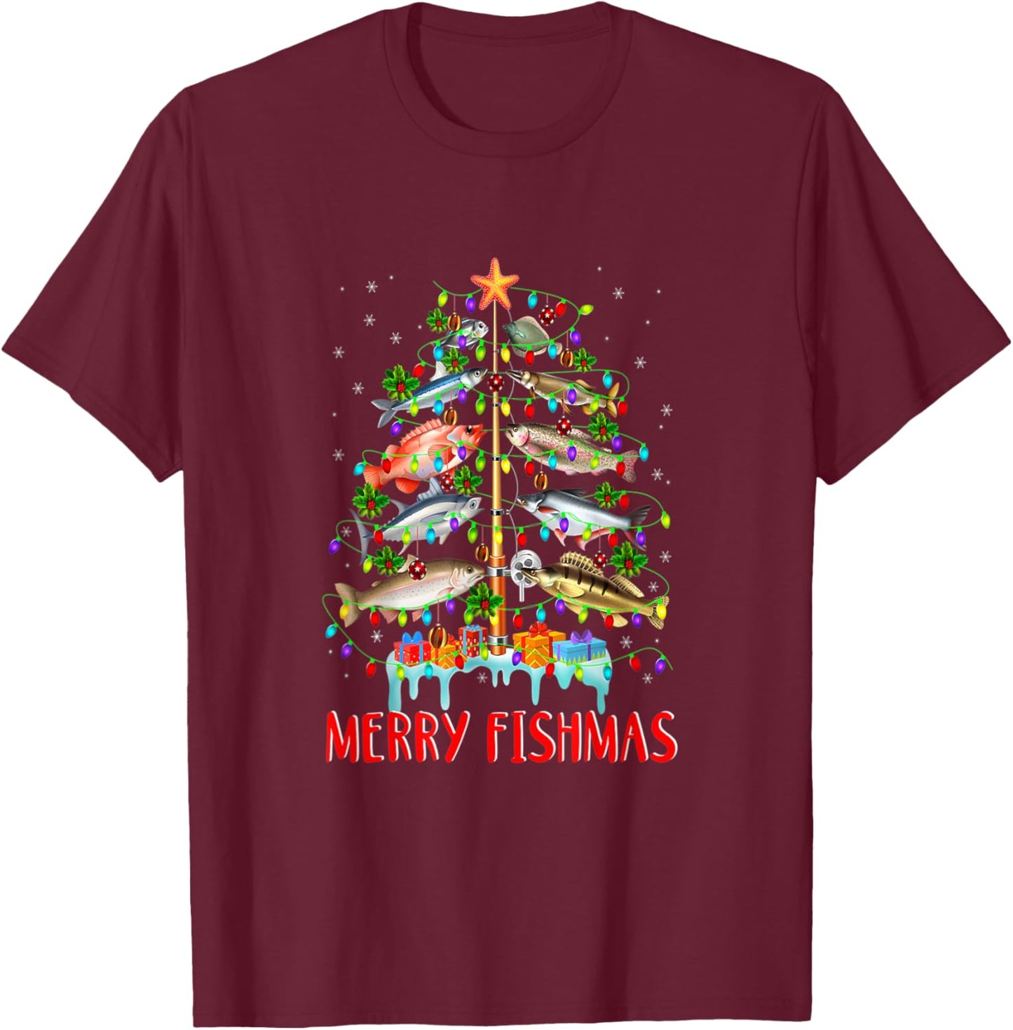 Merry Fishmas Funny Christmas Tree Lights Fish Fishing Rod T-Shirt - T-Shirt | Maroon