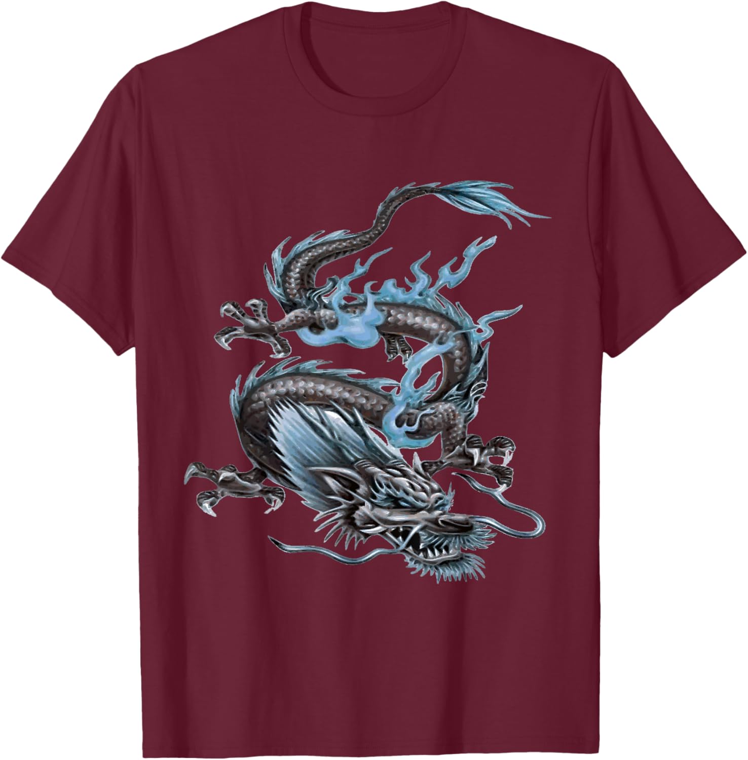 Chinese Fire Dragon In Light Gray And Pale Blue T-Shirt - T-Shirt | Maroon