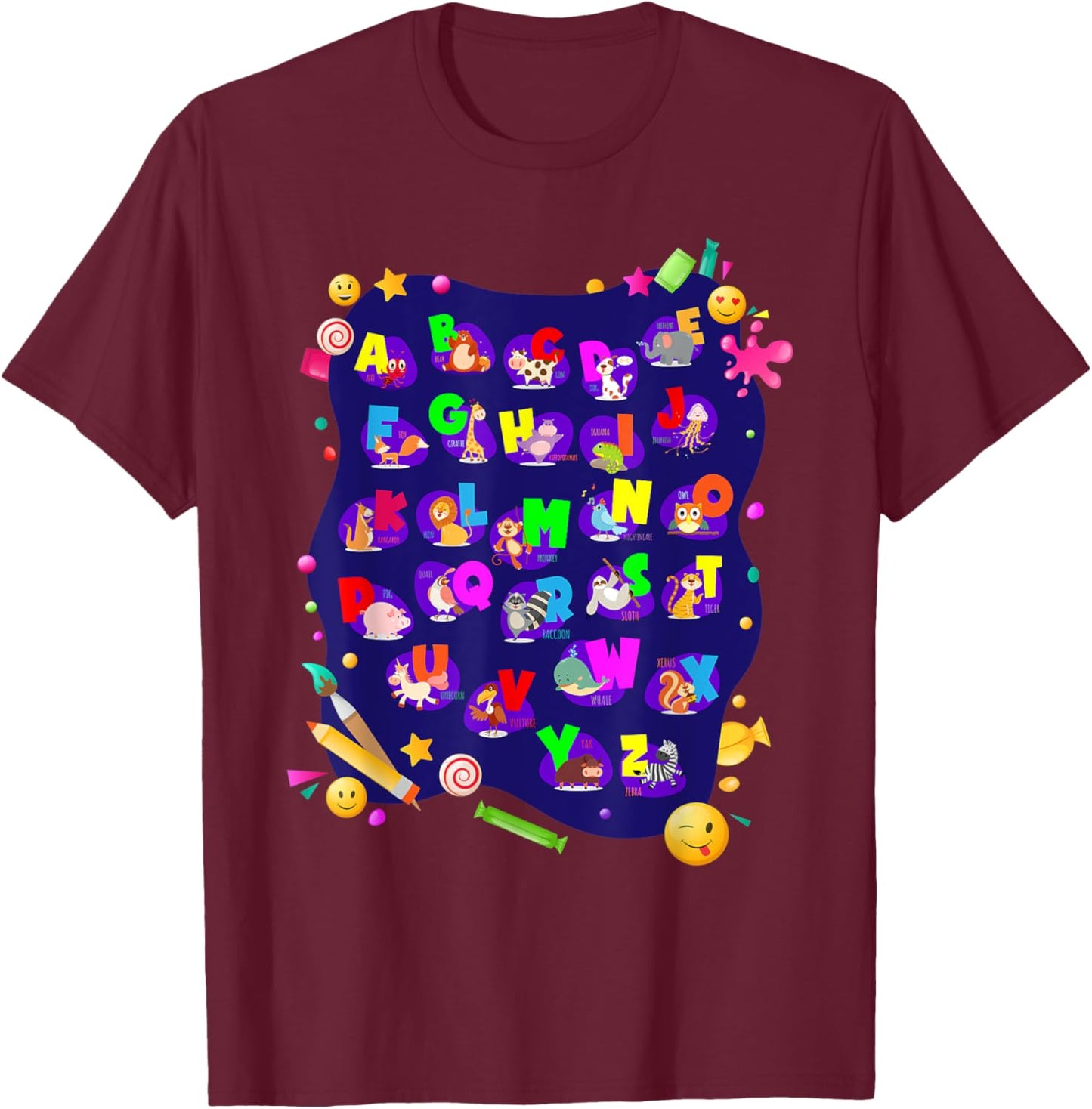 Alphabet Animals I Back To School Students Girls Boys T-Shirt - T-Shirt | Maroon