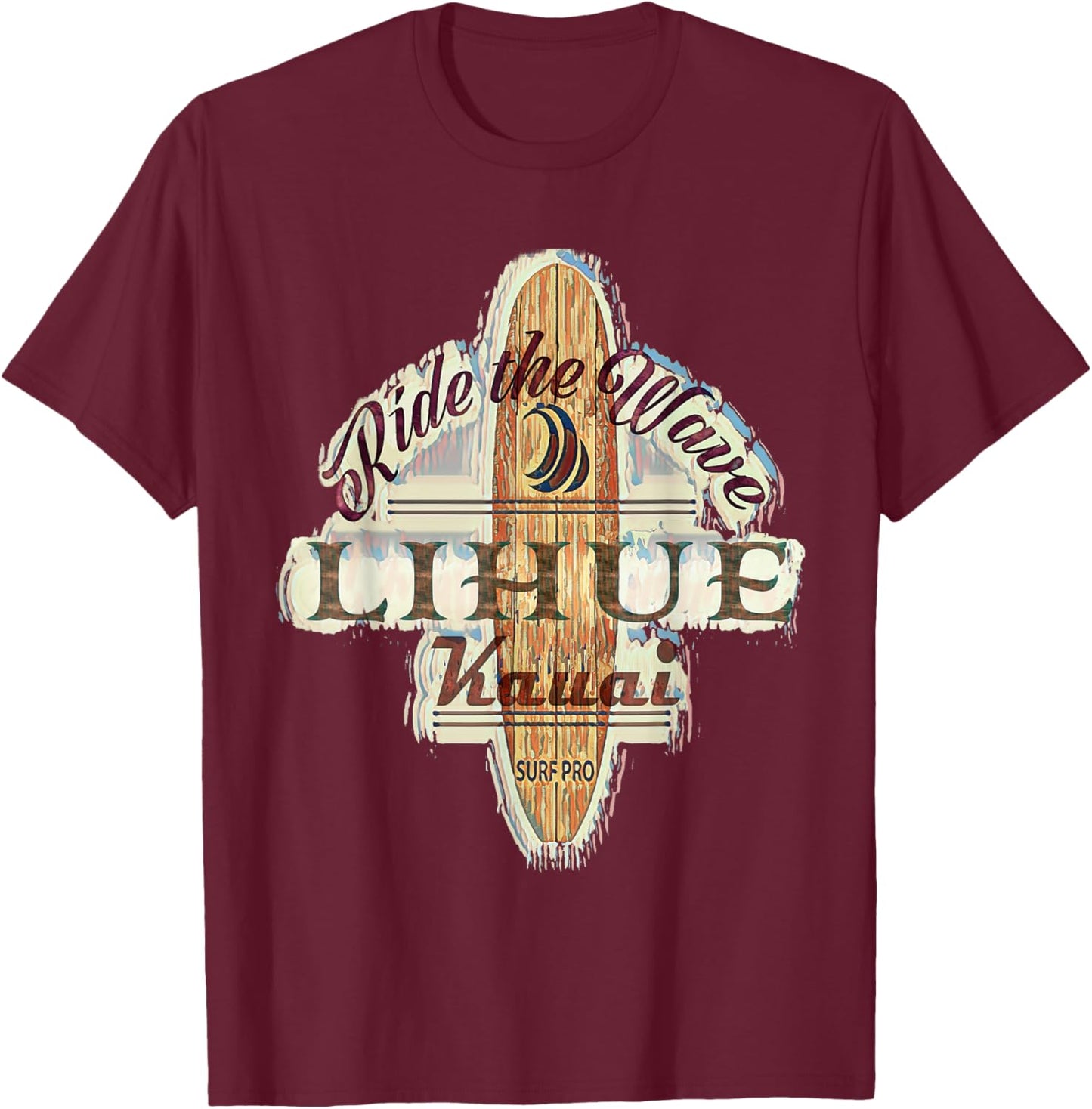 Surfing, Surfboard, Distressed Longboard Lihue Kauai T-Shirt - T-Shirt | Maroon