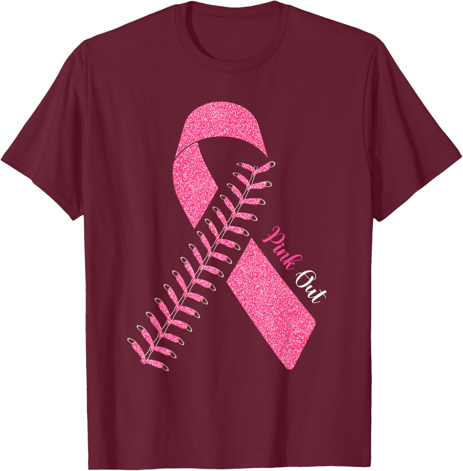 Pink Out Breast Cancer Awareness Baseball Ball & Pink Ribbon T-Shirt - T-Shirt | Maroon