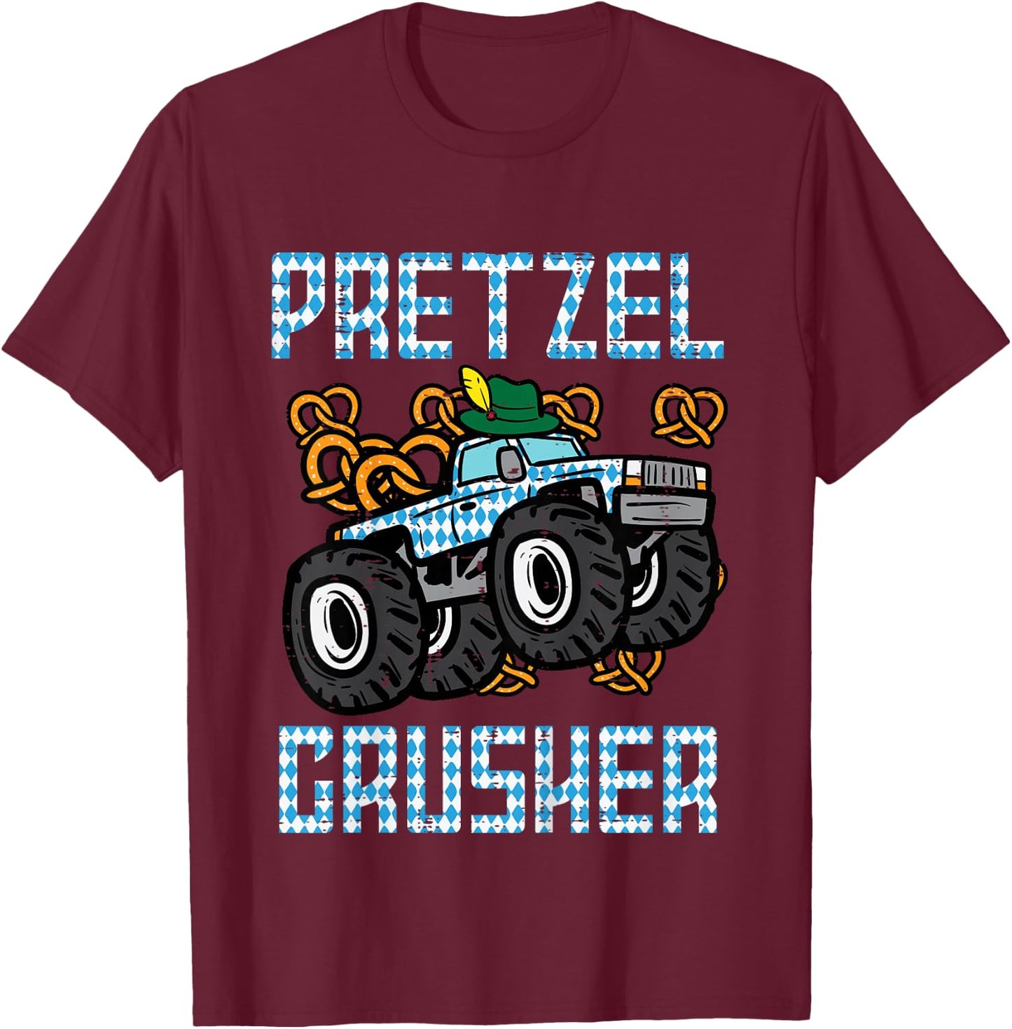 Kids Oktoberfest Monster Truck Pretzel Crusher German Boys Kids T-Shirt - T-Shirt | Maroon