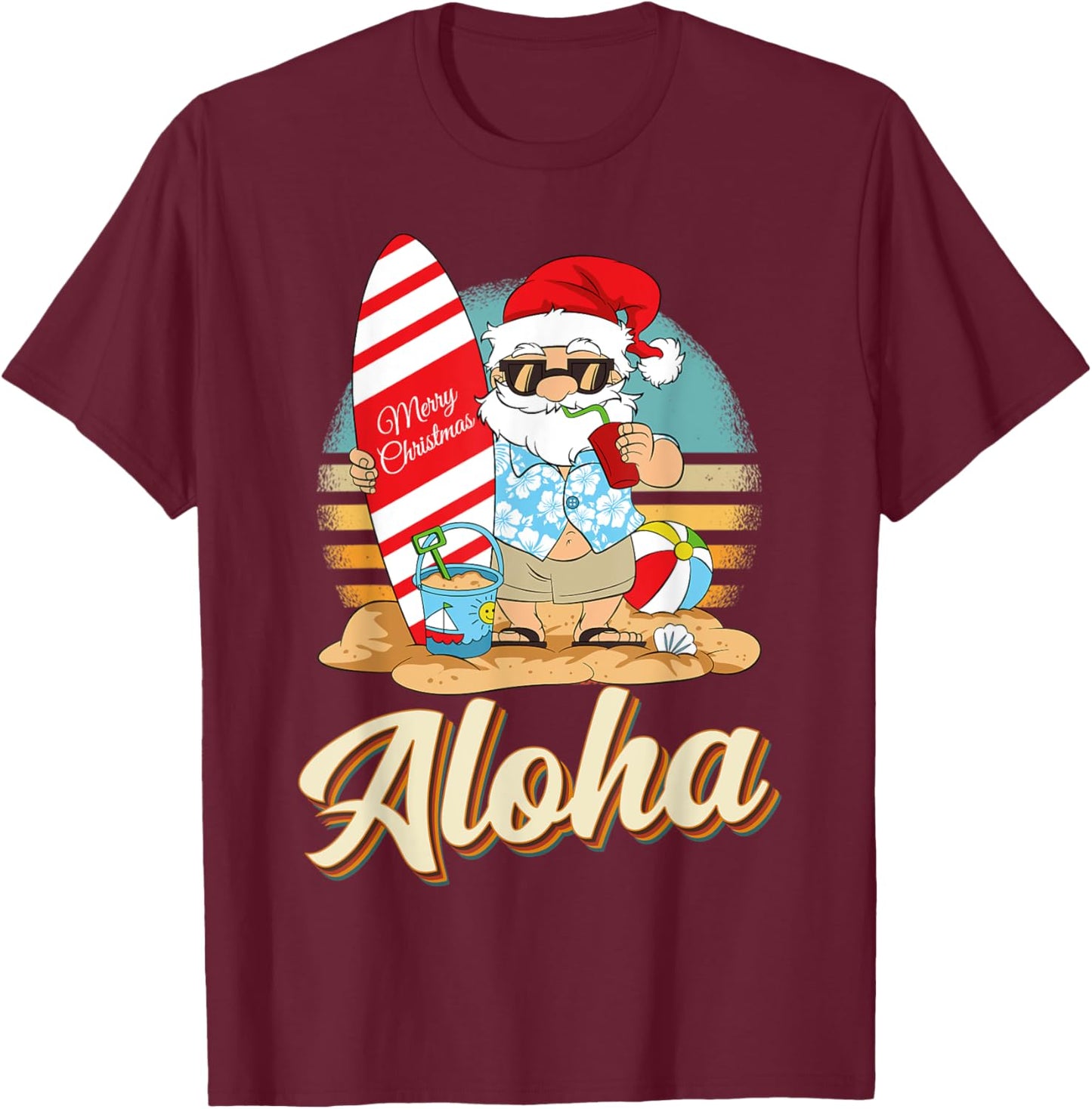 Tropical Christmas Aloha Santa Christmas in July Hawaiian T-Shirt - T-Shirt | Maroon