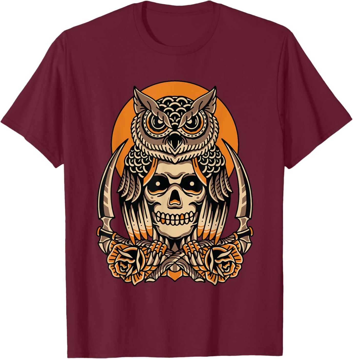 Owl Skull American Traditional Tattoo Old School Flash T-Shirt - T-Shirt | Maroon