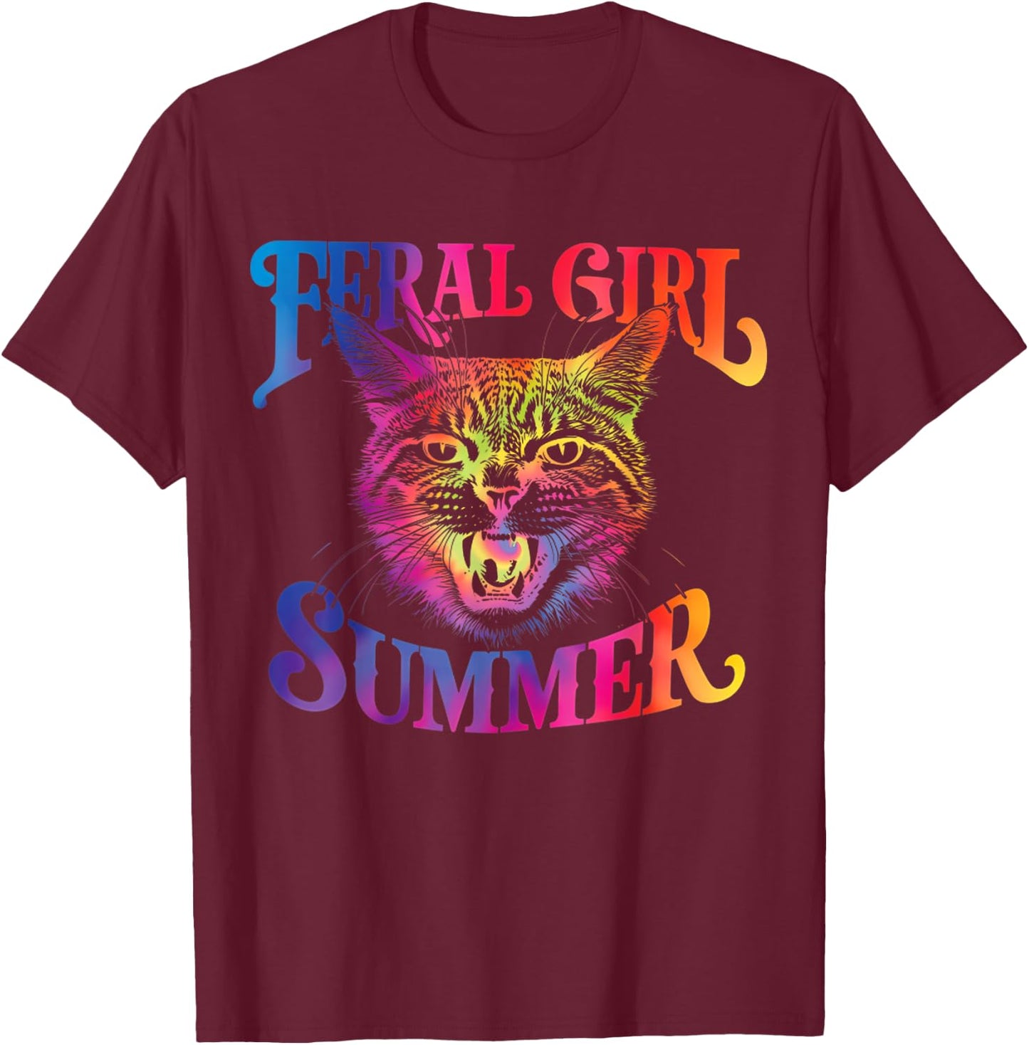 Feral Girl Summer Funny Cat For Summer Vacation T-Shirt - T-Shirt | Maroon