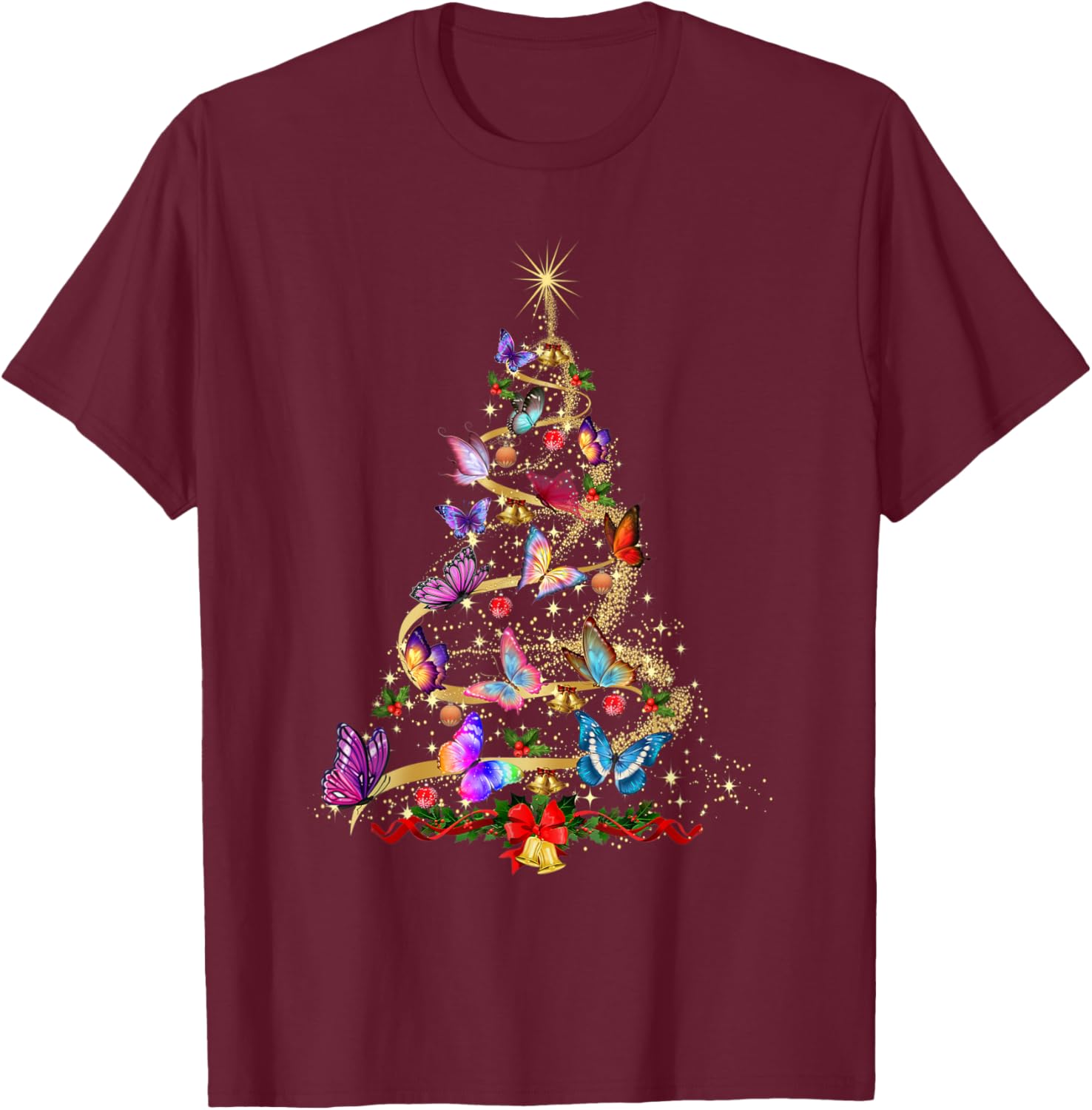 Butterfly Christmas Lights Women Girl Xmas Pajama Butterfly T-Shirt - T-Shirt | Maroon