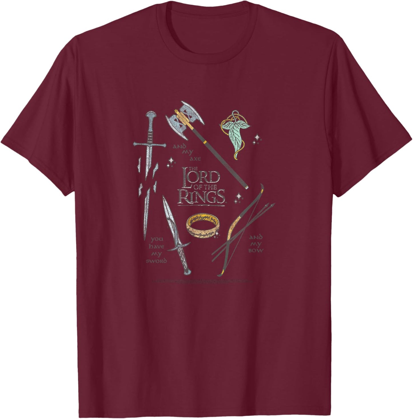 Lord of The Rings Fellowship Weapons Grid Small T-Shirt - T-Shirt | Maroon