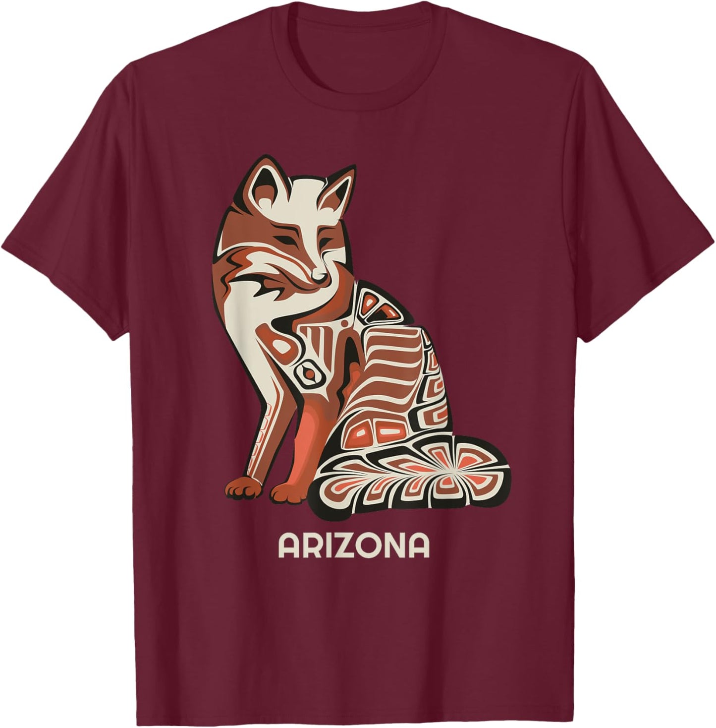 Red Tribal Fox Arizona Native American Artwork Style T-Shirt - T-Shirt | Maroon