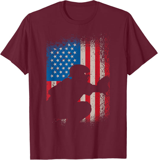 American Flag Baseball Catcher Design - USA Flag Baseball T-Shirt - T-Shirt | Maroon