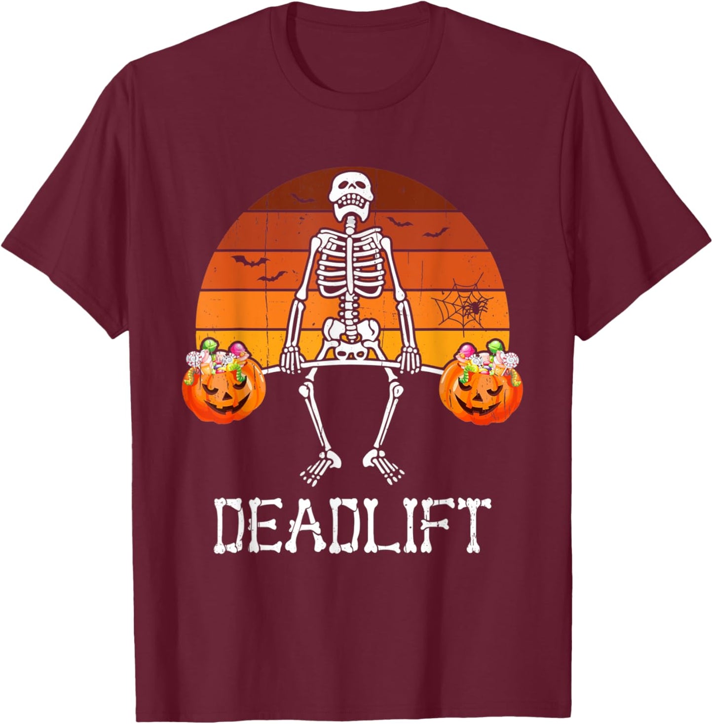 Skeleton Dead Lift Candy Buckets Gym Workout Halloween T-Shirt - T-Shirt | Maroon