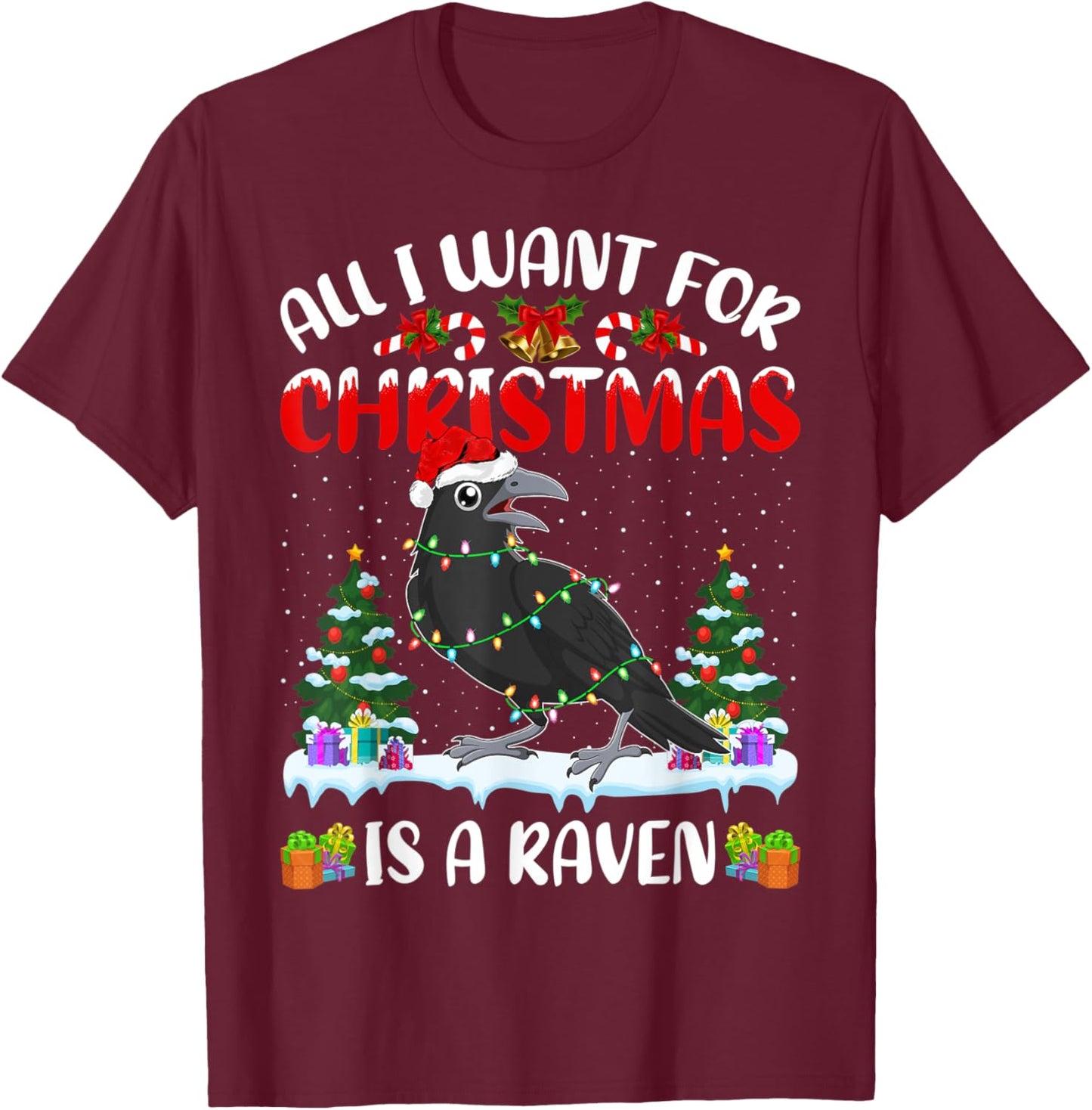 Funny Santa Hat All I Want For Christmas Is A Raven T-Shirt - T-Shirt | Maroon