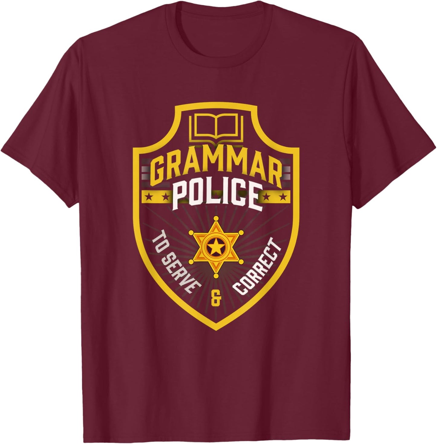Funny English Grammar Police Officer Linguistics Cop Badge T-Shirt - T-Shirt | Maroon