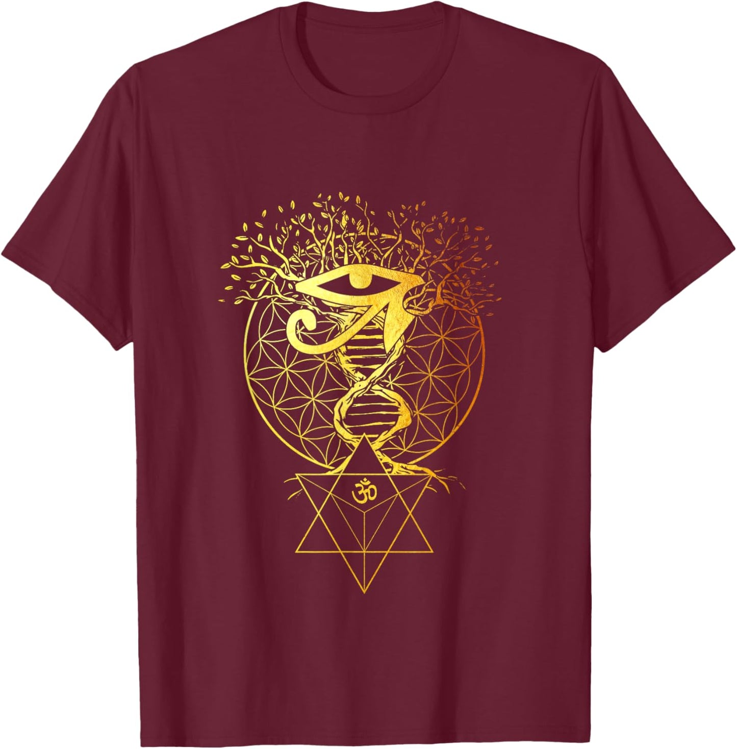 Merkabah Flower of Life Om Eye of Horus Sacred Geometry T-Shirt - T-Shirt | Maroon