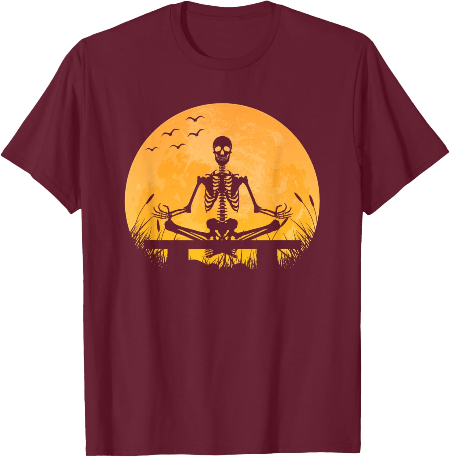 Yoga Meditation | Skeleton meditates | Moon | Yoga Pose T-Shirt - T-Shirt | Maroon