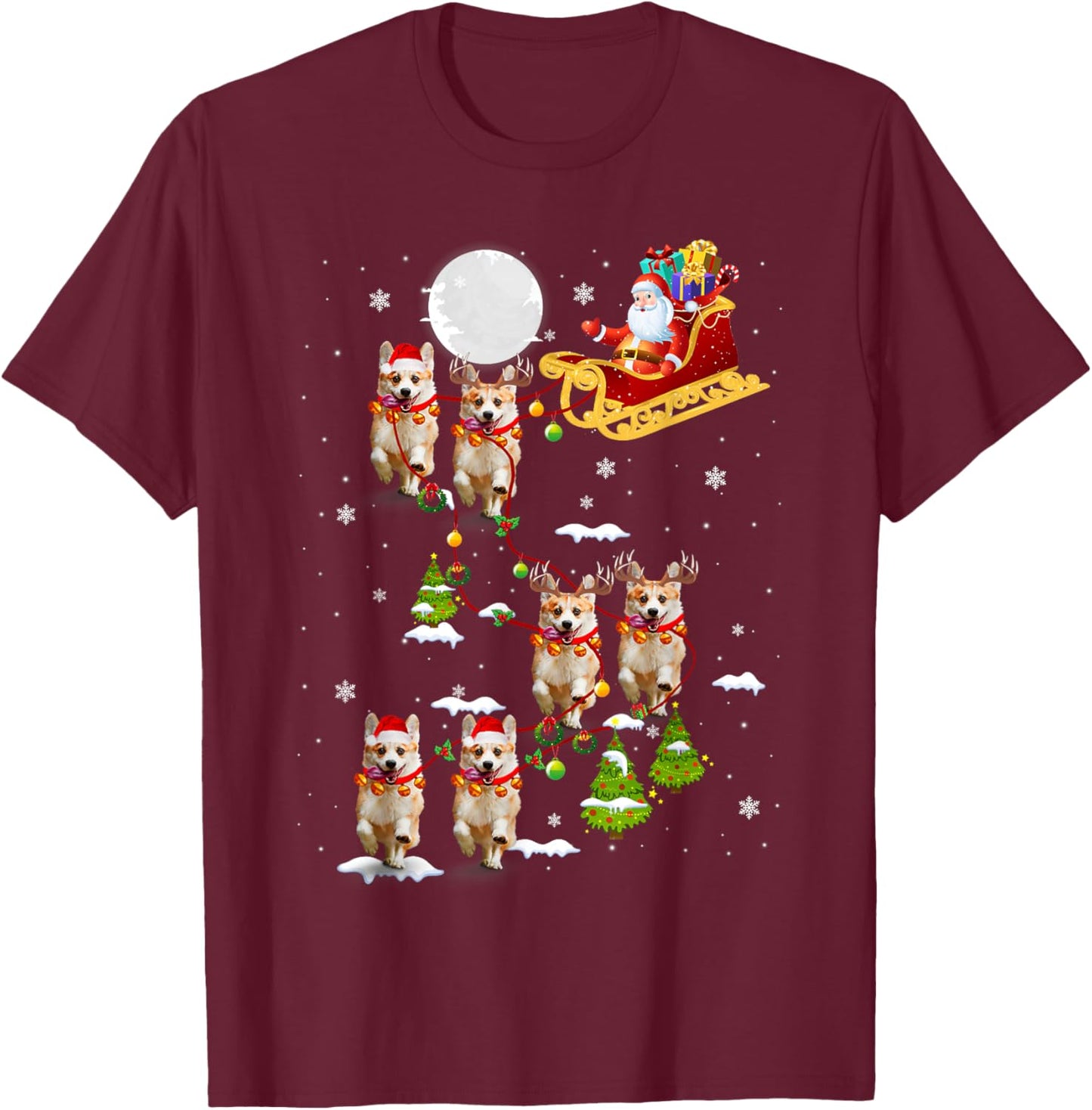 Santa Riding Corgi Sleigh Christmas Corgi Reindeer T-Shirt - T-Shirt | Maroon