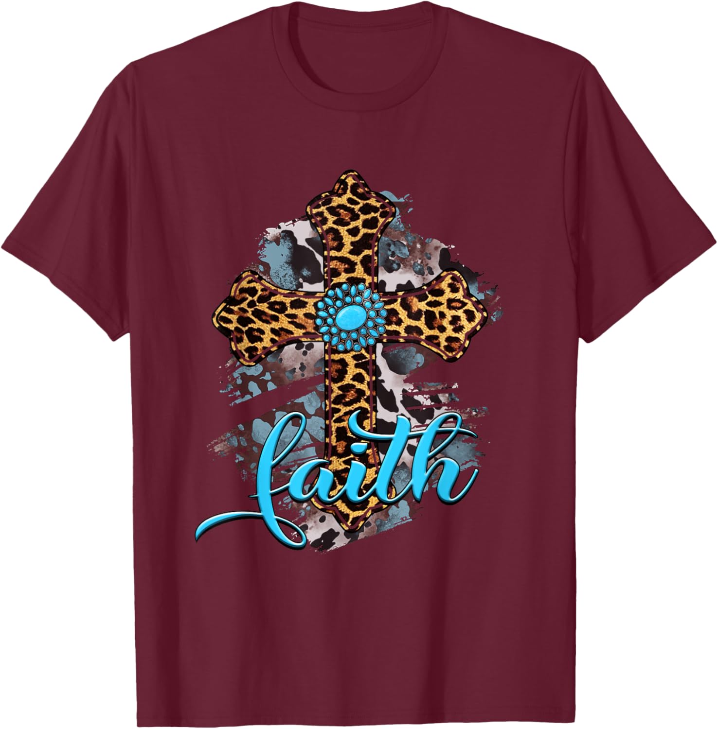 Western Boho Christian Turquoise Leopard Faith Cross Jesus T-Shirt - T-Shirt | Maroon