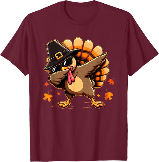 Funny Dab Dabbing Turkey Thanksgiving Day Pilgrim Boys Girls T-Shirt - T-Shirt | Maroon
