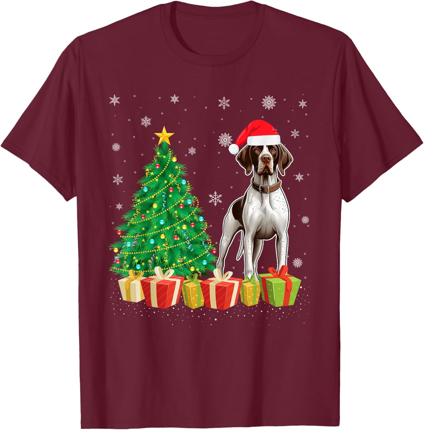 Xmas Tree Lighting Santa Hat English Pointer Dog Christmas Women Kids T-Shirt - T-Shirt | Maroon