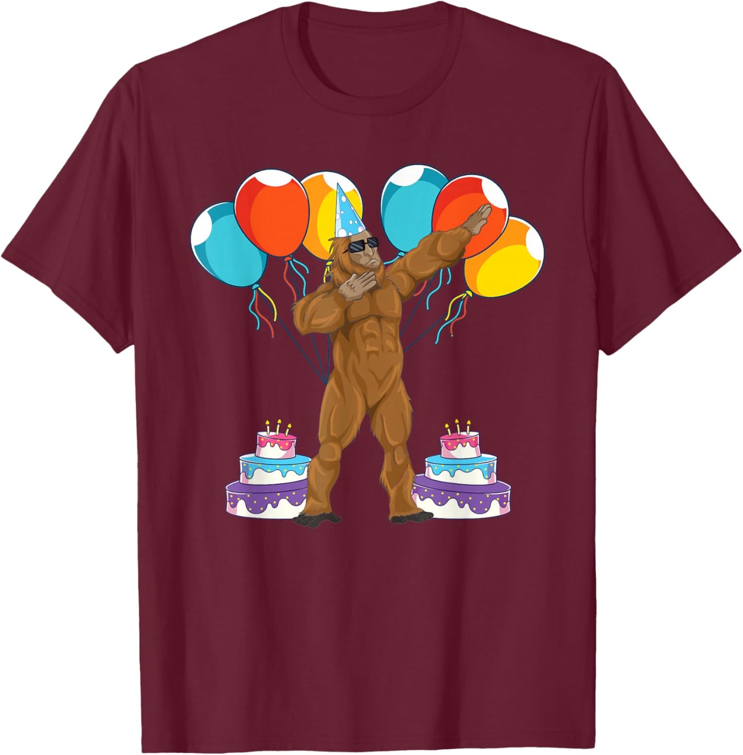 Birthday Party Celebration Cryptid Sasquatch Dabbing Bigfoot T-Shirt - T-Shirt | Maroon