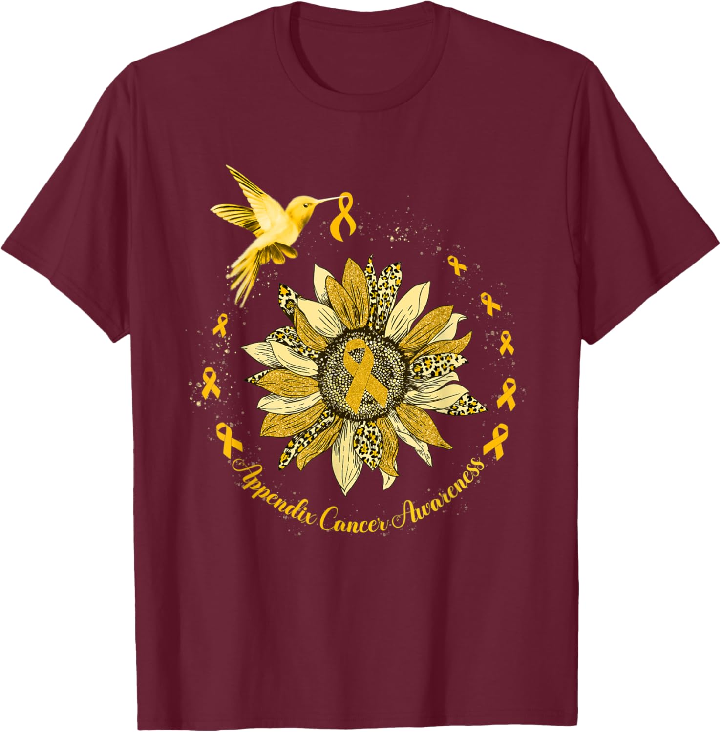 Sunflower Hummingbird Amber Appendix Cancer Warrior T-Shirt - T-Shirt | Maroon