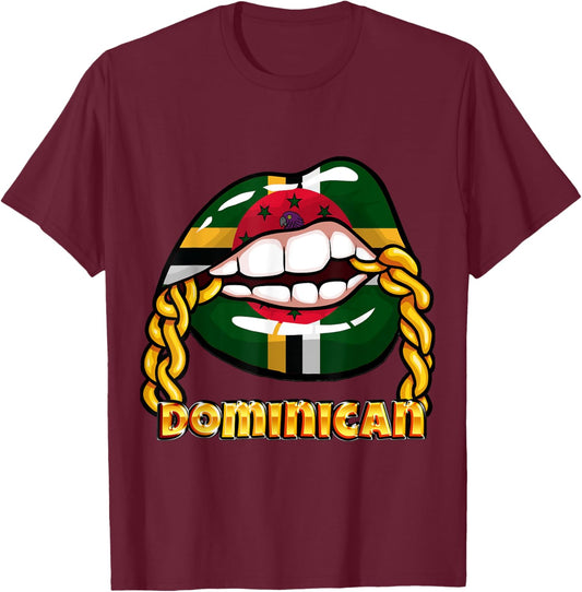 Dominica National Flag Lips with Chain T-Shirt - T-Shirt | Maroon