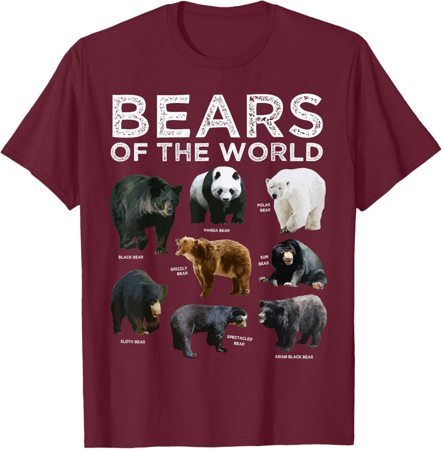 Eight Bears of the World Panda Polar Grizzly Black Cute T-Shirt - T-Shirt | Maroon