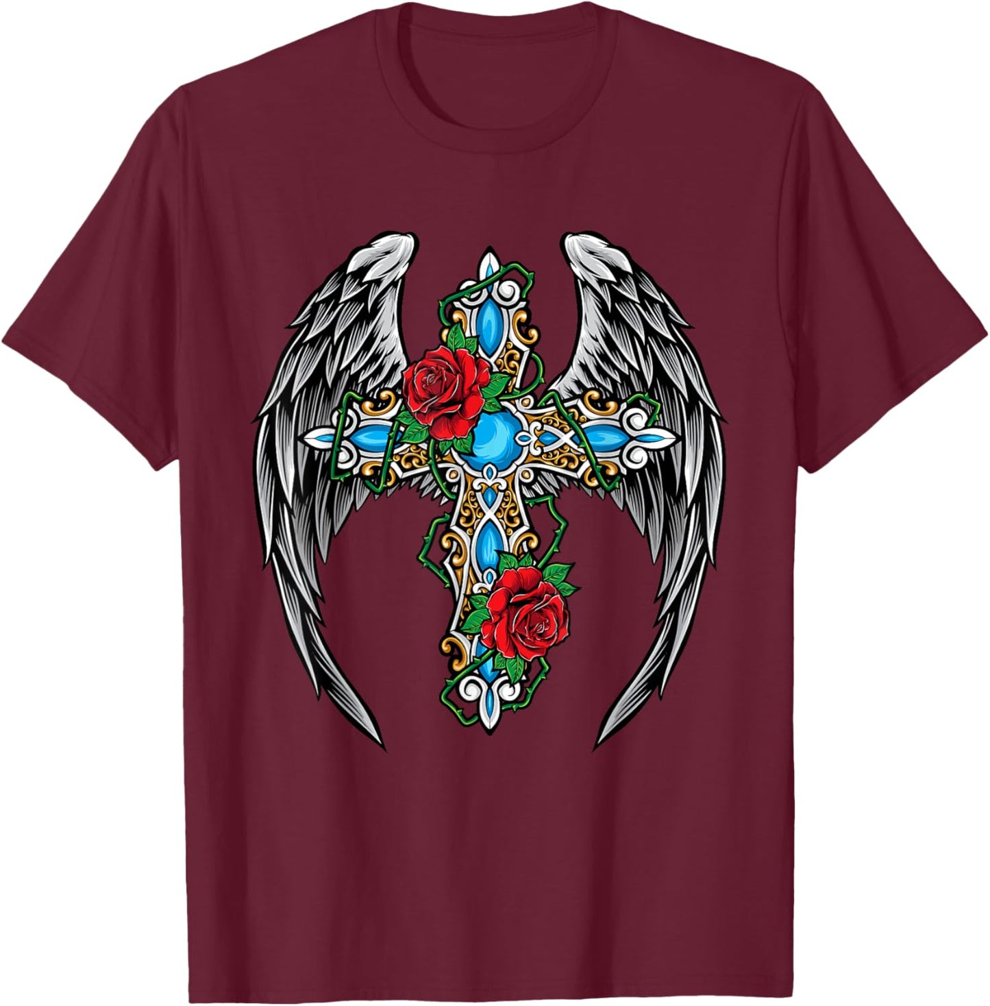 Christian Cross Vintage Rose Flower Cross Wings Religion T-Shirt - T-Shirt | Maroon