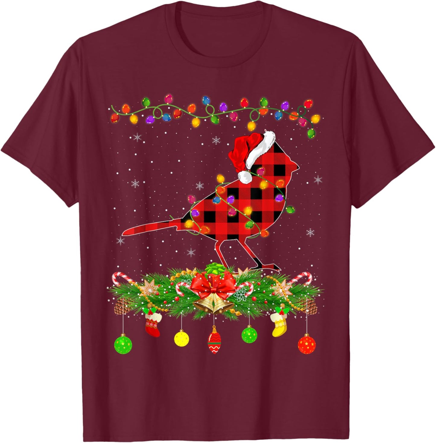 Funny Matching Buffalo Plaid Cardinal Bird Christmas Pajama T-Shirt - T-Shirt | Maroon