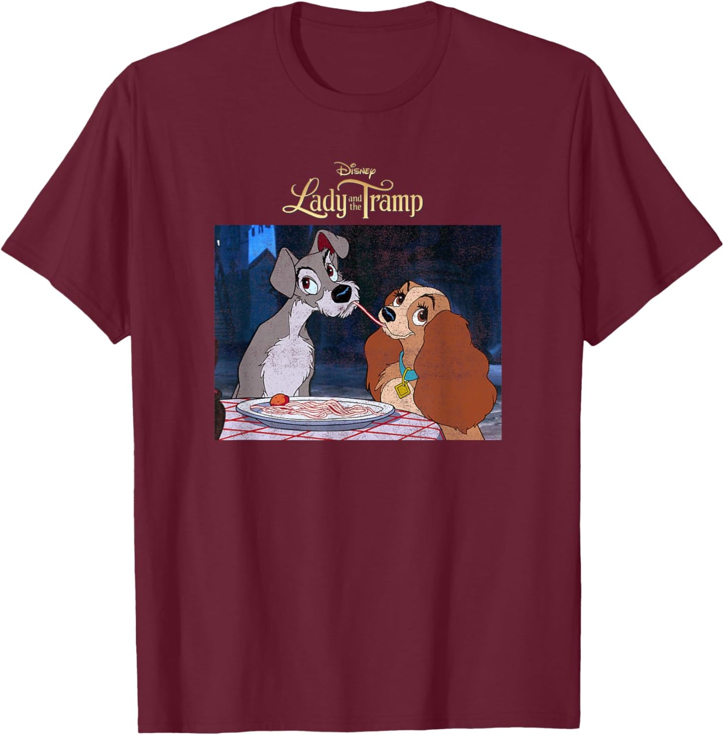 Disney Lady and The Tramp Classic Spaghetti Scene Poster T-Shirt - T-Shirt | Maroon