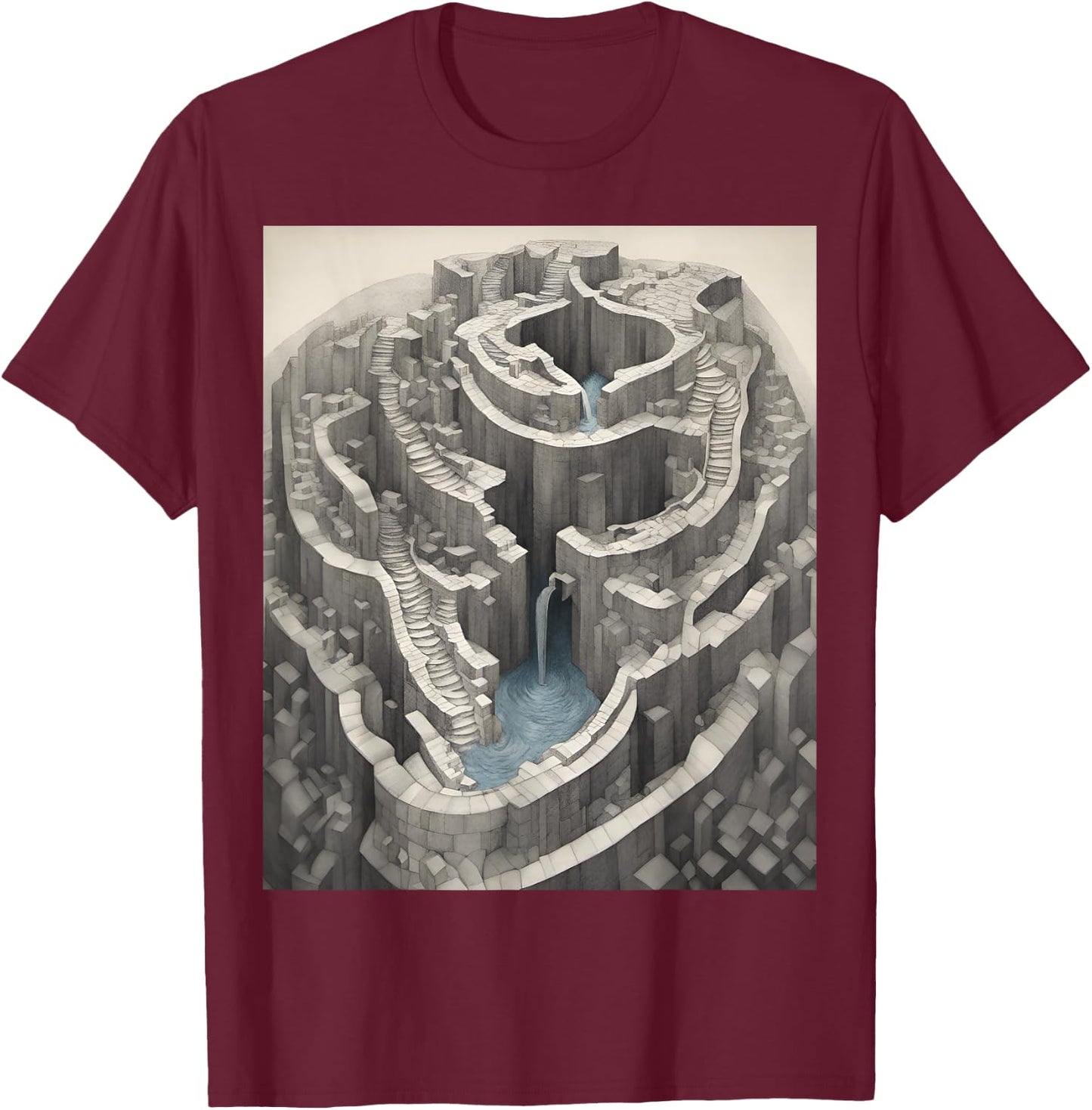 Infinite Waterfall Escher Illusion T-Shirt - T-Shirt | Maroon