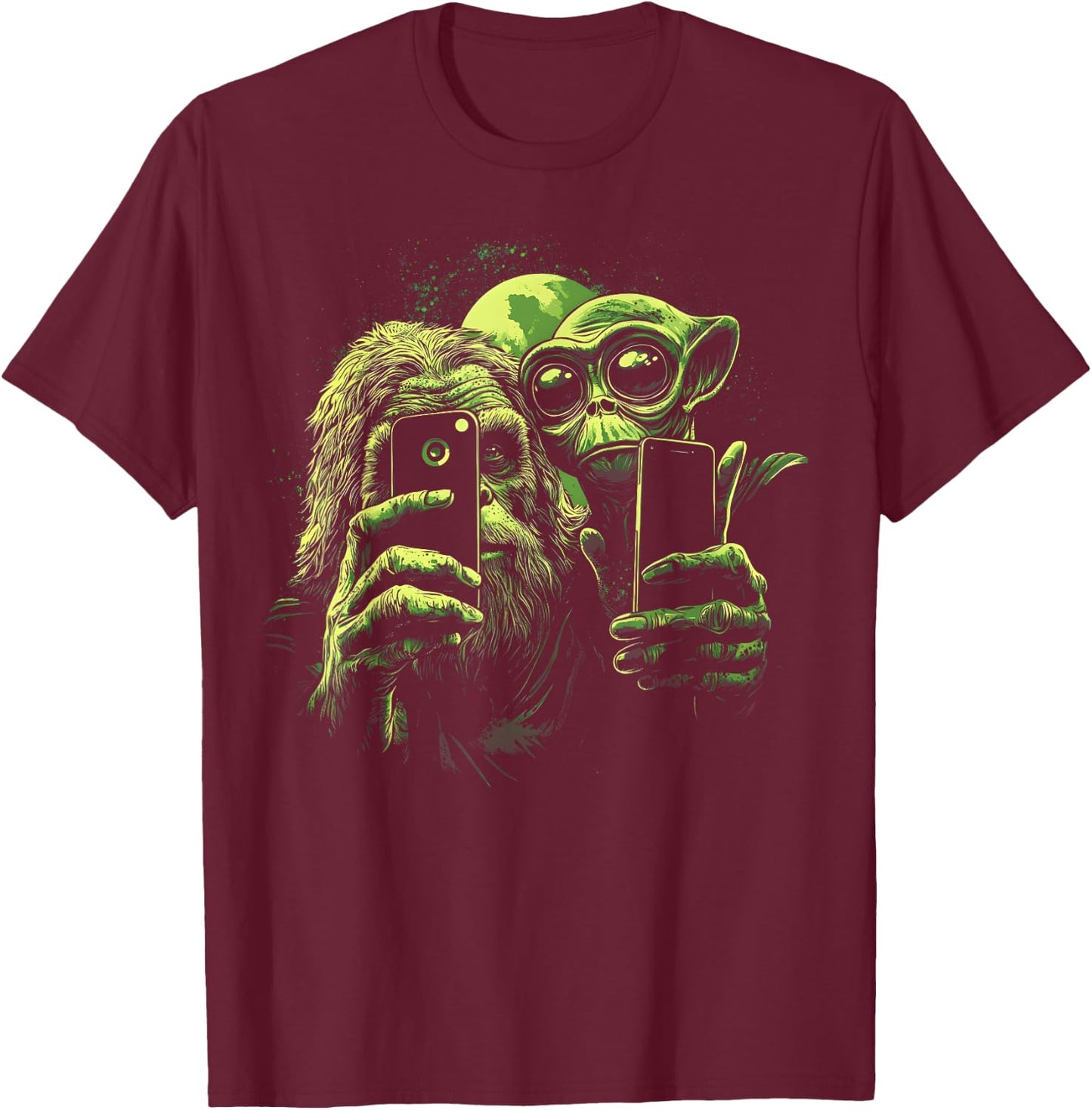 Bigfoot And Alien Sasquatch Love Selfie Funny Sarcastic T-Shirt - T-Shirt | Maroon