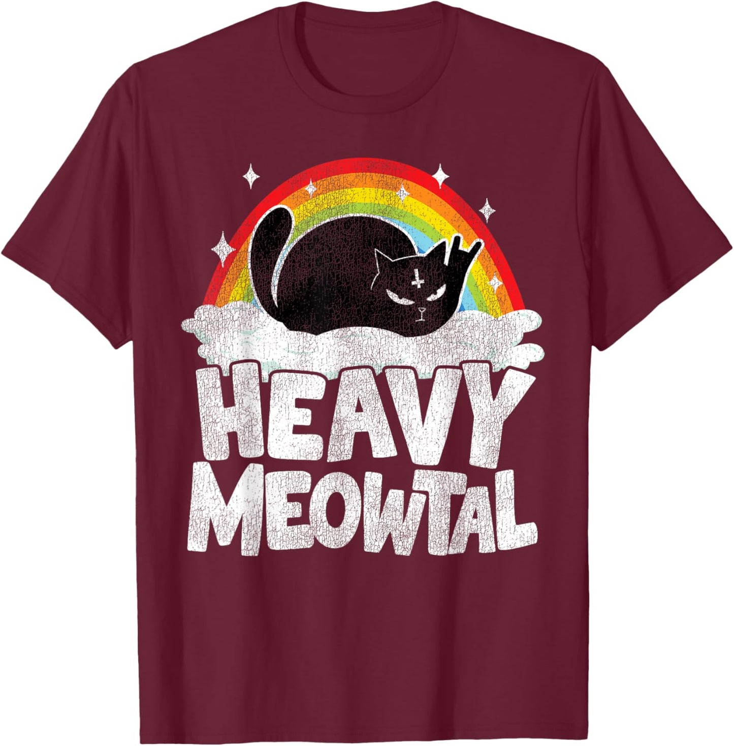 Heavy Meowtal Cat Retro Rainbow Satanic Funny Heavy Metal T-Shirt - T-Shirt | Maroon