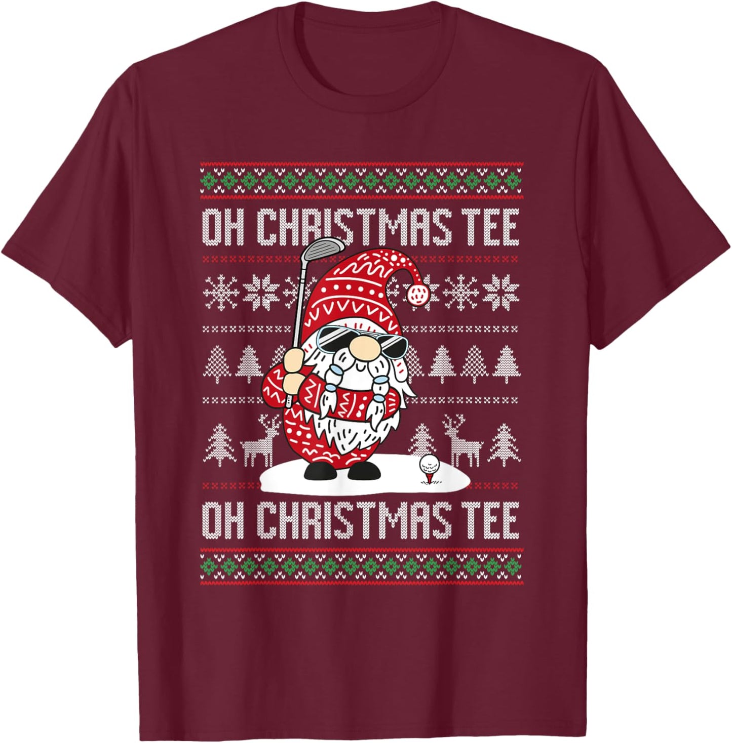Golf Oh Christmas Santa Gnome Golfer Ugly Christmas T-Shirt - T-Shirt | Maroon