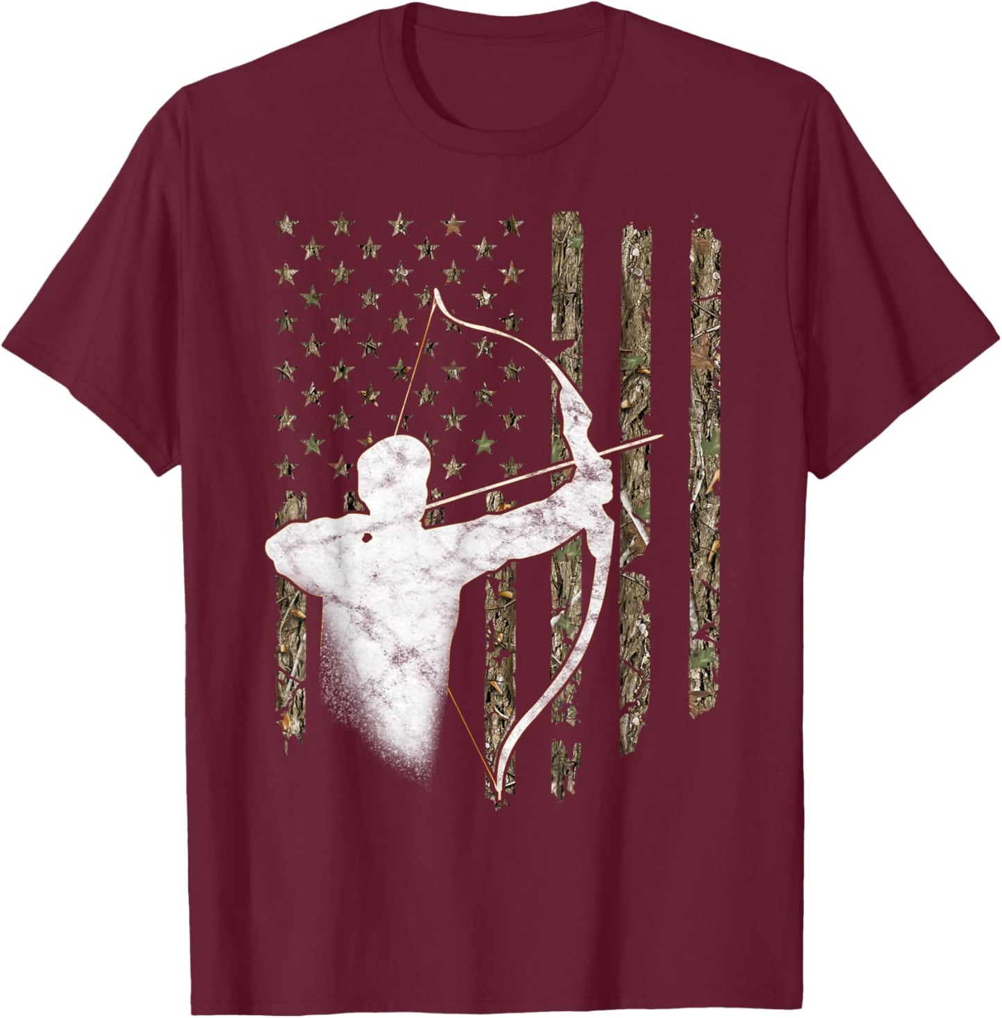 Archery Recurve Long Bow American Flag Camouflage Hunting T-Shirt - T-Shirt | Maroon