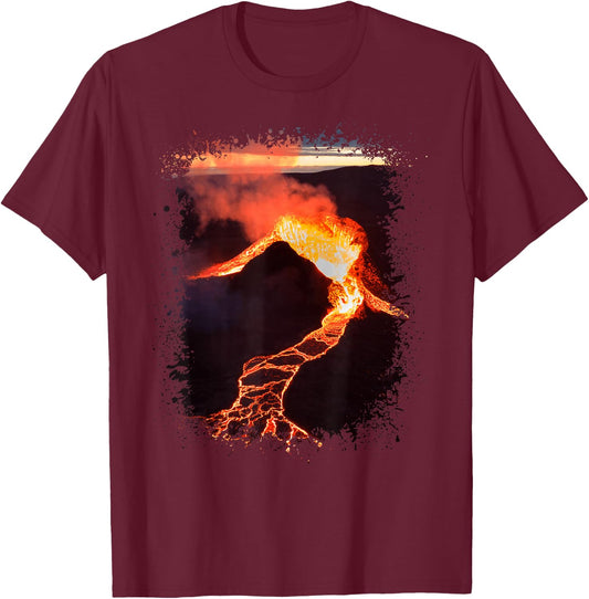 Volcano In Iceland With Lava Flow Photo Splatter Art Design T-Shirt - T-Shirt | Maroon