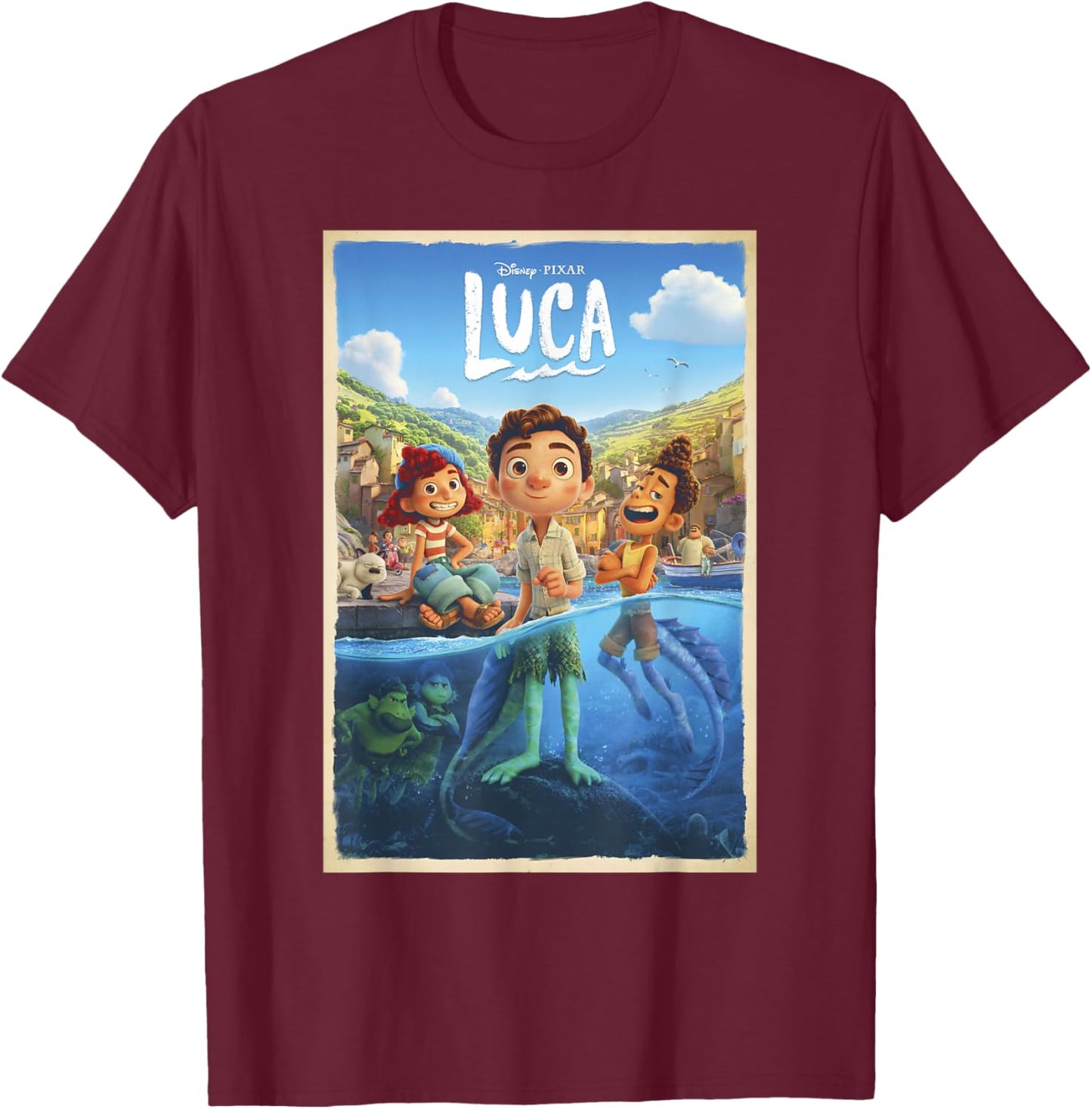 Disney Pixar Luca Movie Poster Small T-Shirt - T-Shirt | Maroon