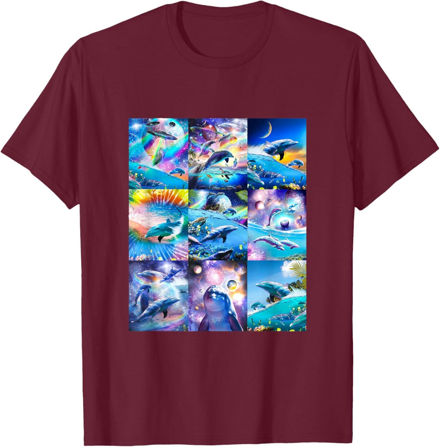 Space Dolphin Rainbow Galaxy Dolphins Collage T-Shirt - T-Shirt | Maroon