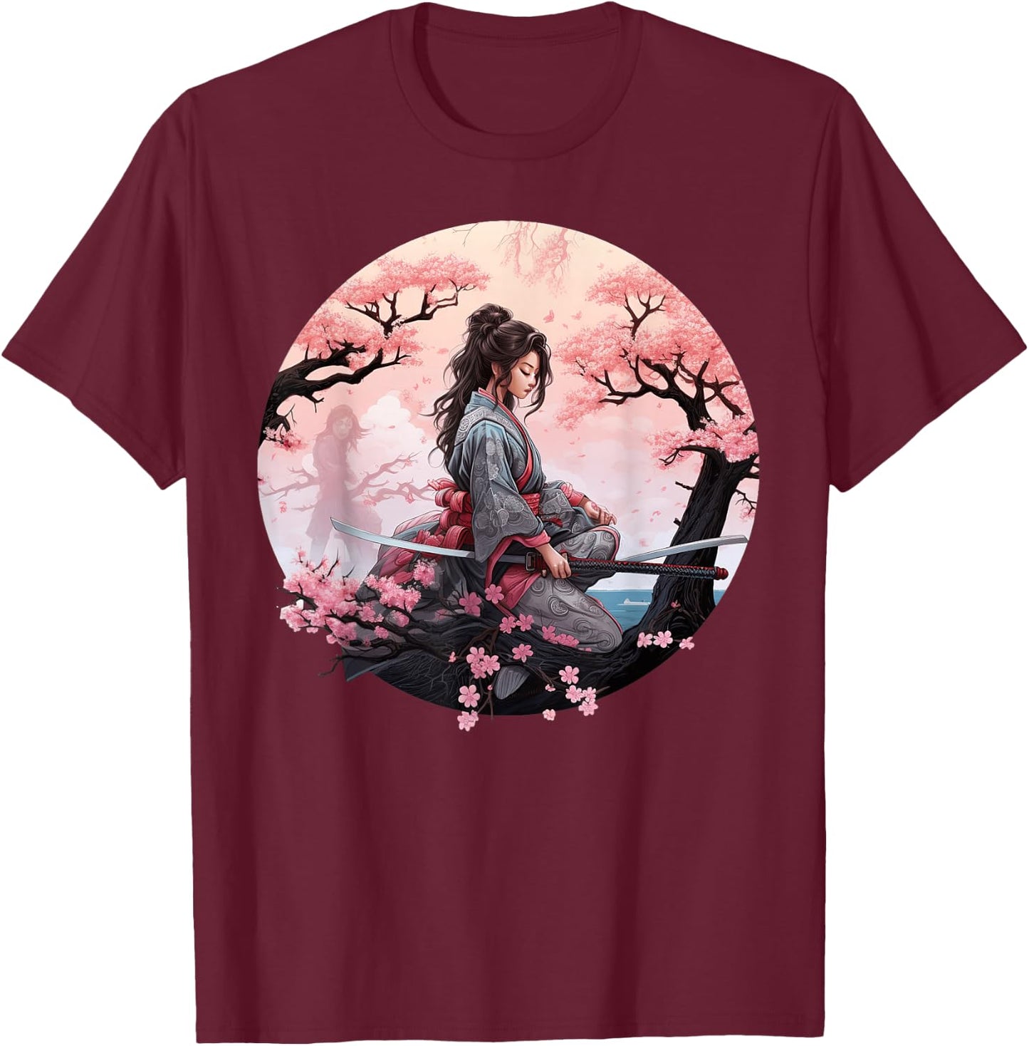 Japanese Samurai Girl Vintage Retro Sakura Cherry Blossom T-Shirt - T-Shirt | Maroon
